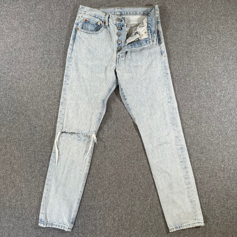 Levis 501 Skinny Jeans Womens 26x28 Light Wash Blue Denim Distressed High Rise